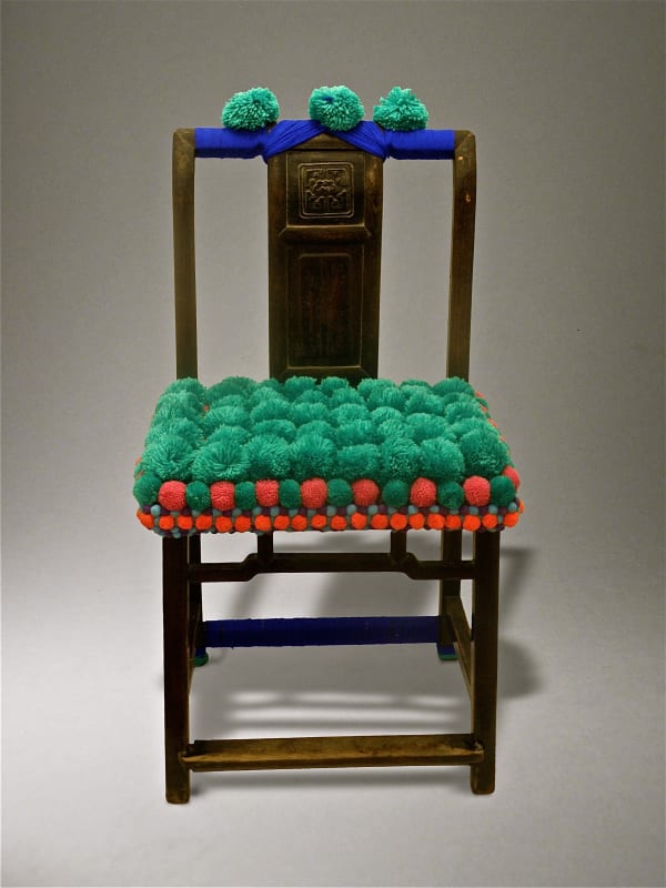 'Antique Chair, revisited' (green) By Gu Yeli Antique Chinese wood chair dressed in wool pom poms and 'buttons'