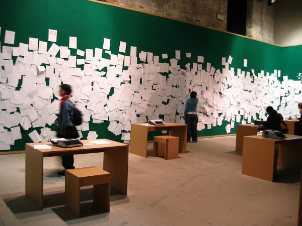 Rivane Neuenschwander […], 2005 Modified typewriters, paper, MDF tables and stools, felt, pins Dimensions variable Always a Little Further, 51 Biennale di Venezia, Italy