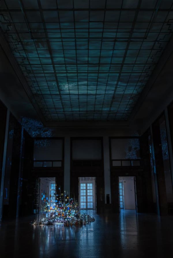 Sarah Sze, large painting with collaged images