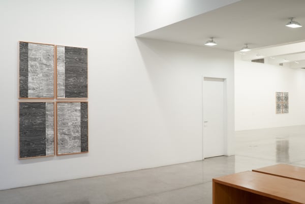 Lisa Oppenheim installation view, wood cut photographs