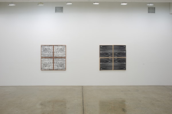 Lisa Oppenheim installation view, wood cut photographs