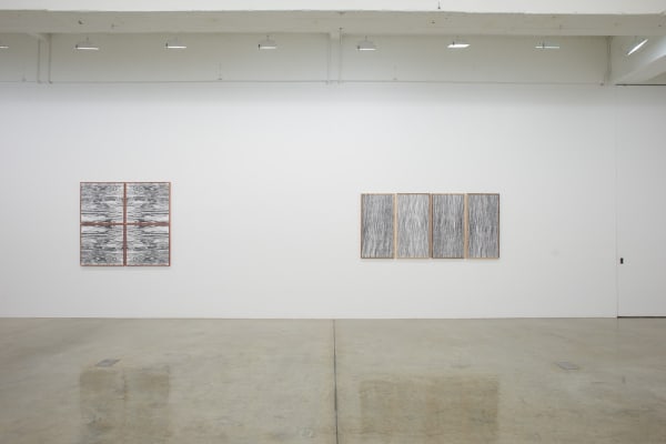 Lisa Oppenheim installation view, wood cut photographs