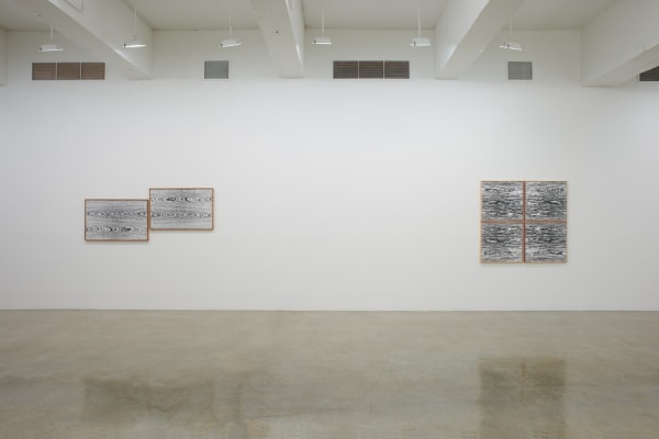 Lisa Oppenheim installation view, wood cut photographs
