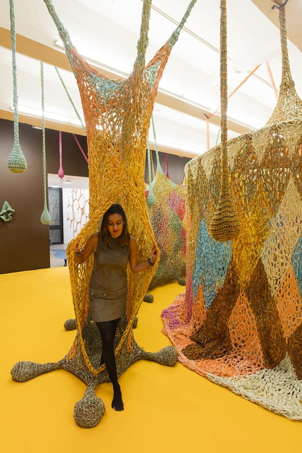 Crochet installation at TBG person coming through