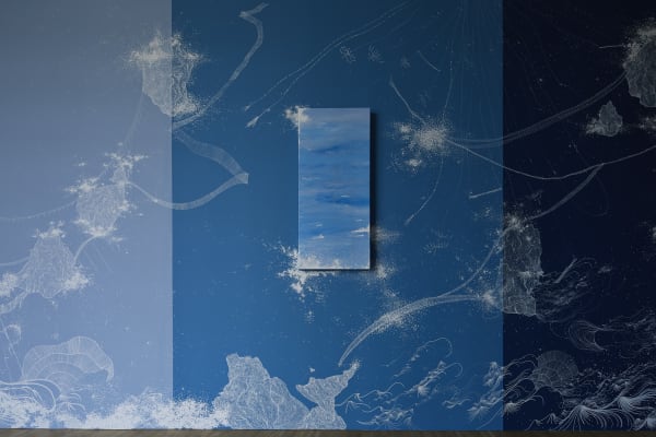 Installation view of blue mural and paintings