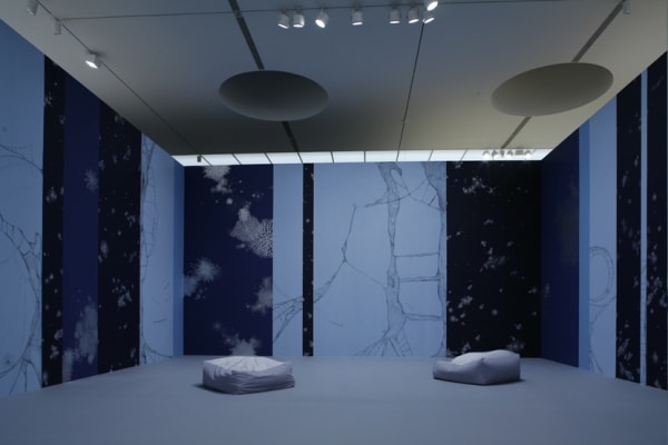 blue room wall painting with bean bags