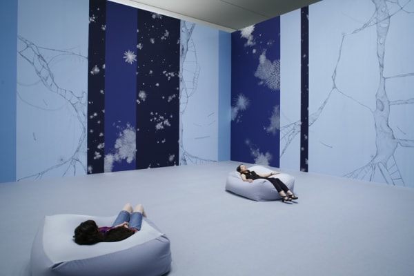 blue room wall painting with bean bags