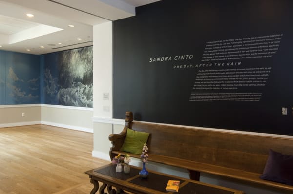 installation view of Cinto wall painting blue shades and wave drawings