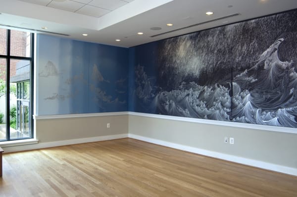 installation view of Cinto wall painting blue shades and wave drawings