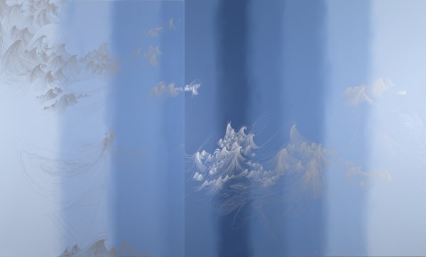 installation view of Cinto wall painting blue shades and wave drawings