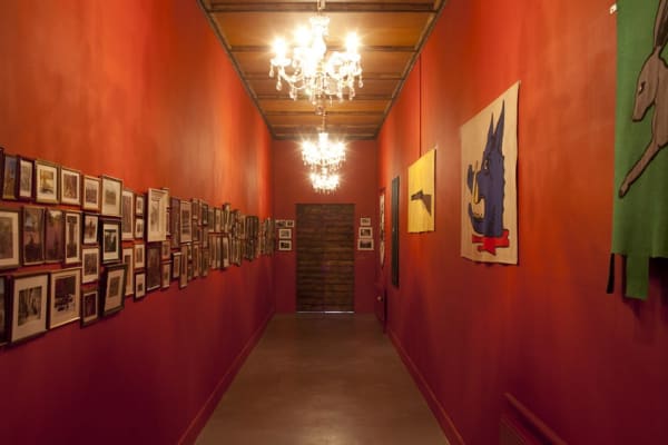 image of Mark Dion installation red hallway with artwork on walls