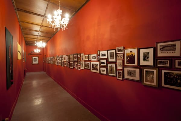 image of Mark Dion installation red hallway with artwork on walls