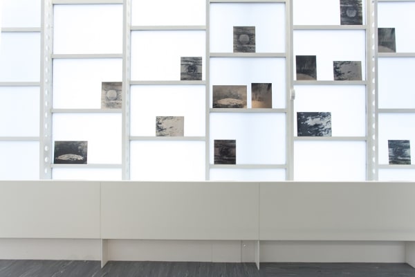 Installation image of Lisa Oppenheim photographs on shelves
