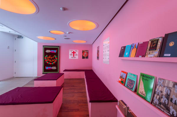 Installation view of Slavs and Tatars at the Blaffer Museum -reading room