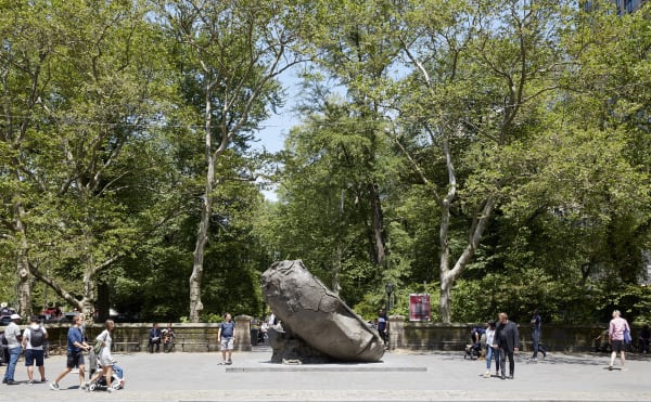 image of Mark Manders tilted bronze head in central park