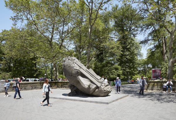 image of Mark Manders tilted bronze head in central park