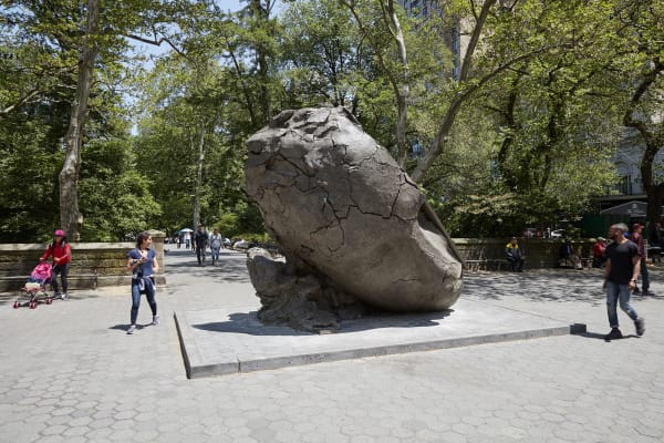 image of Mark Manders tilted bronze head in central park