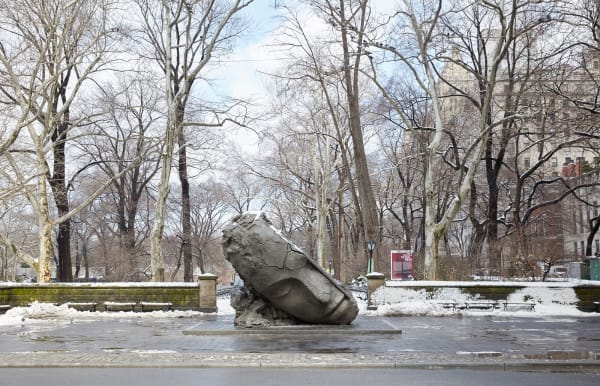 image of Mark Manders tilted bronze head in central park