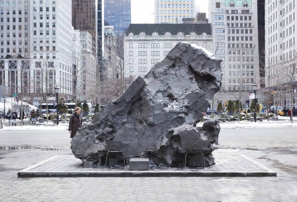 image of Mark Manders tilted bronze head in central park