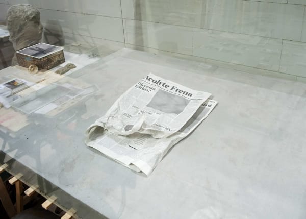image of mark manders sculptures and studio set up inside a concrete room block