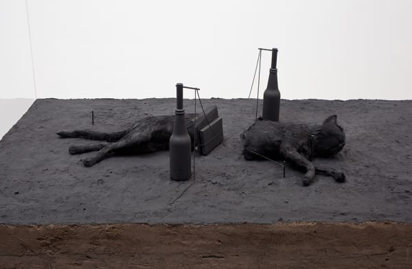 Image of Mark Manders sculpture with dark table and glass case