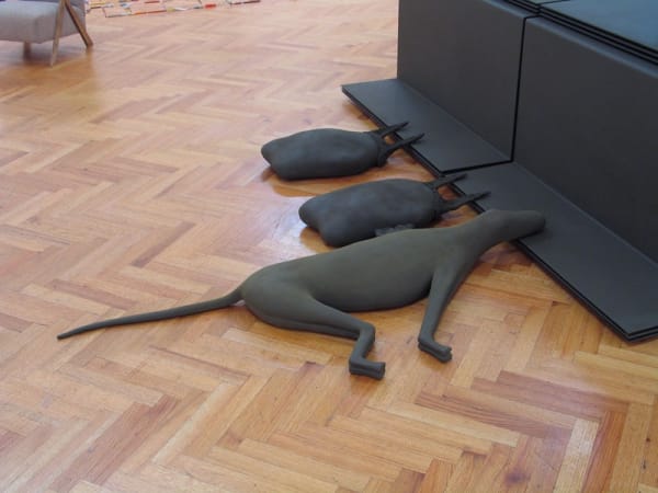image of Mark Manders sculptures, clay black animal figures