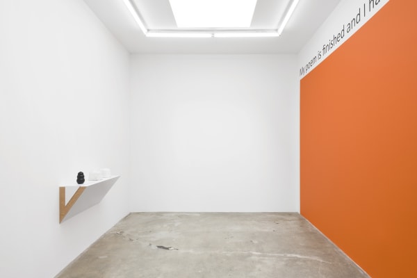 Haim Steinbach installation view orange wall text and shelf