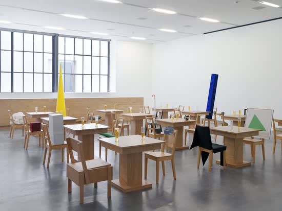 image of Laura Lima sculptural installation, objects drinking at a "bar"