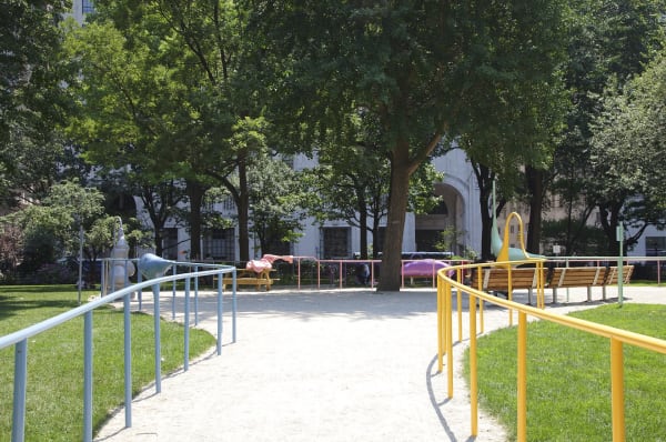image of abstracted sculptures in park, forming hand rails