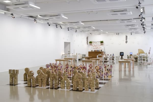 installation view of sculptures, chess set
