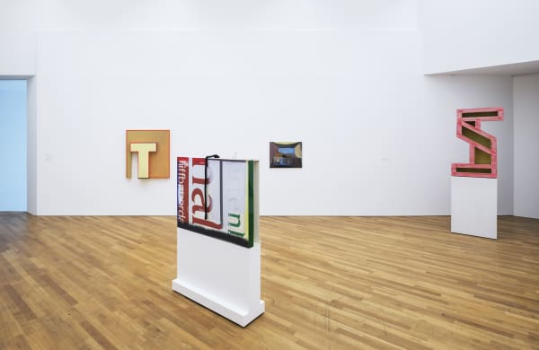 image of Scheibitz installation of paintings and sculptures