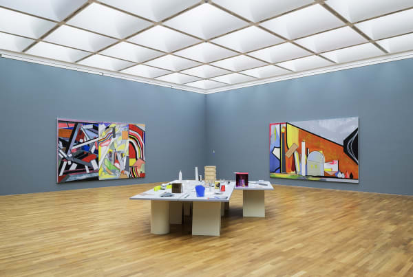 image of Scheibitz installation of paintings and sculptures