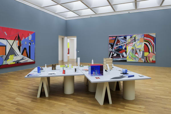image of Scheibitz installation of paintings and sculptures