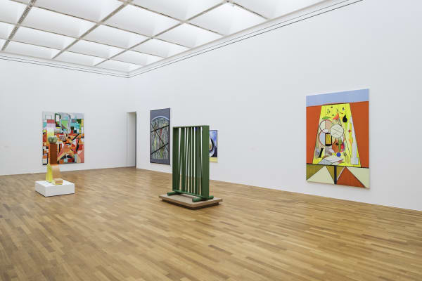 image of Scheibitz installation of paintings and sculptures