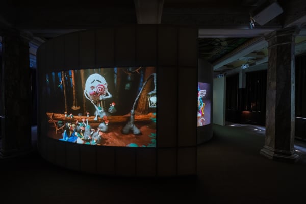 installation image of Nathalie Djurberg and Hans Berg: A Moon Wrapped in Brown Paper