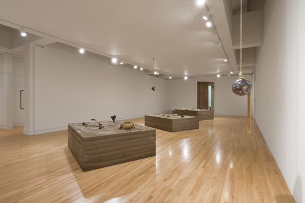 a group of earth colored sculptures within a gallery with white walls and wood floors