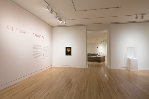 a wide angle view of a gallery with a light pink wall, and partial view of sculptures