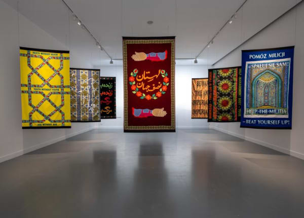 installation view of Slavs and Tatars textiles