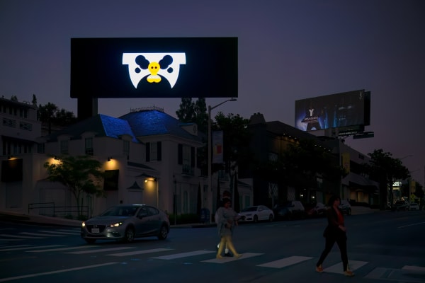 a bright illustrated animation of a figure shaving its leg against a dark city street backdrop