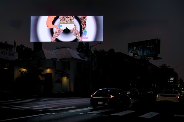 a bright illustrated animation of a figure shaving its leg against a dark city street backdrop