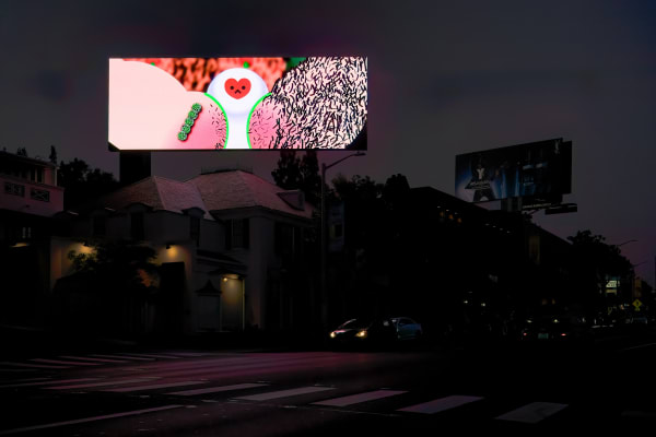 a bright illustrated animation of a figure shaving its leg against a dark city street backdrop