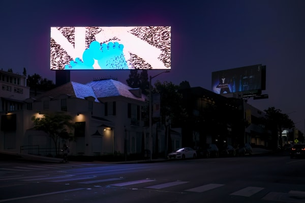 a bright illustrated animation of a figure shaving its leg against a dark city street backdrop