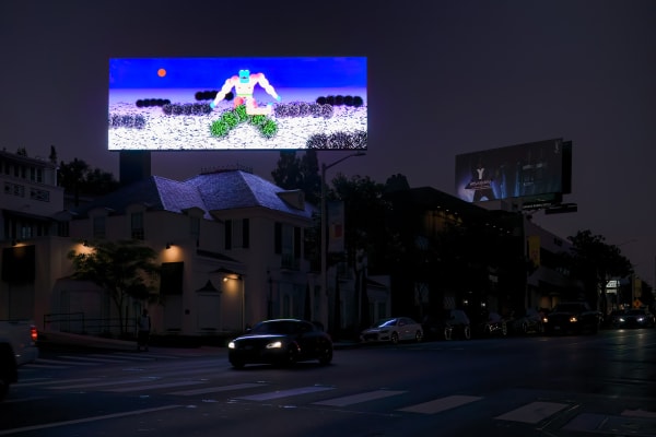a bright illustrated animation of a figure shaving its leg against a dark city street backdrop