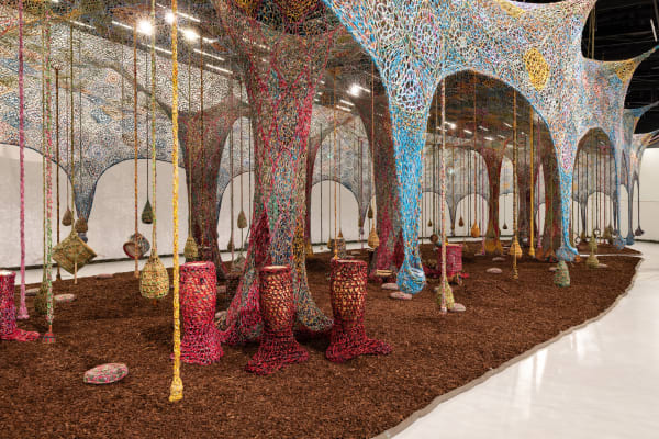 Installation view of ERNESTO NETO: Nosso Barco Tambor Terra [our boat drum earth].