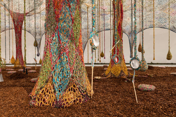 Installation view of ERNESTO NETO: Nosso Barco Tambor Terra [our boat drum earth].