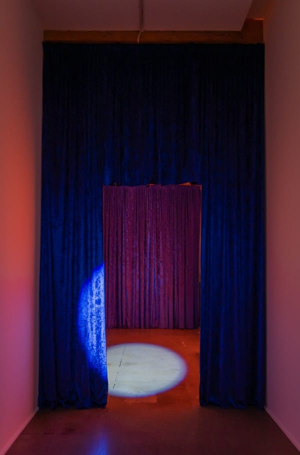 Installation view of Math Bass: Full Body Parentheses at lumber room, Portland.