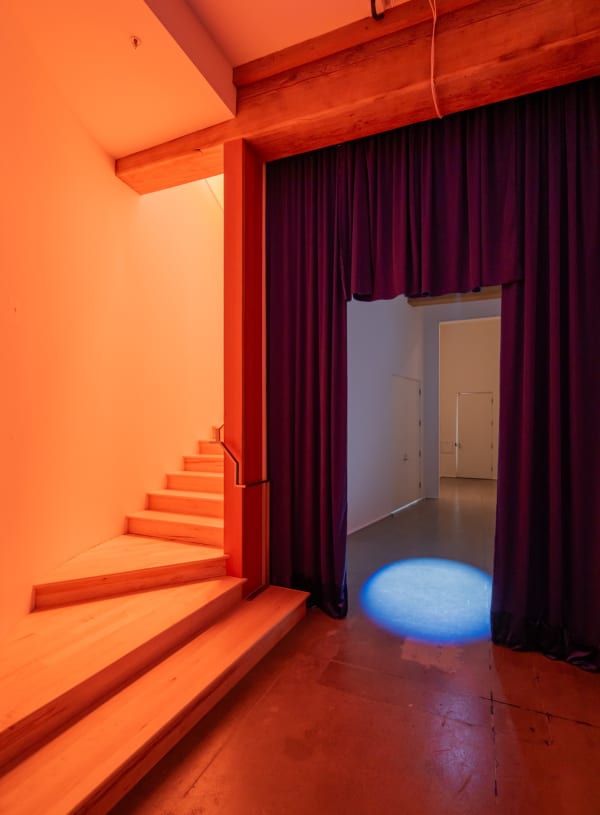Installation view of Math Bass: Full Body Parentheses at lumber room, Portland.
