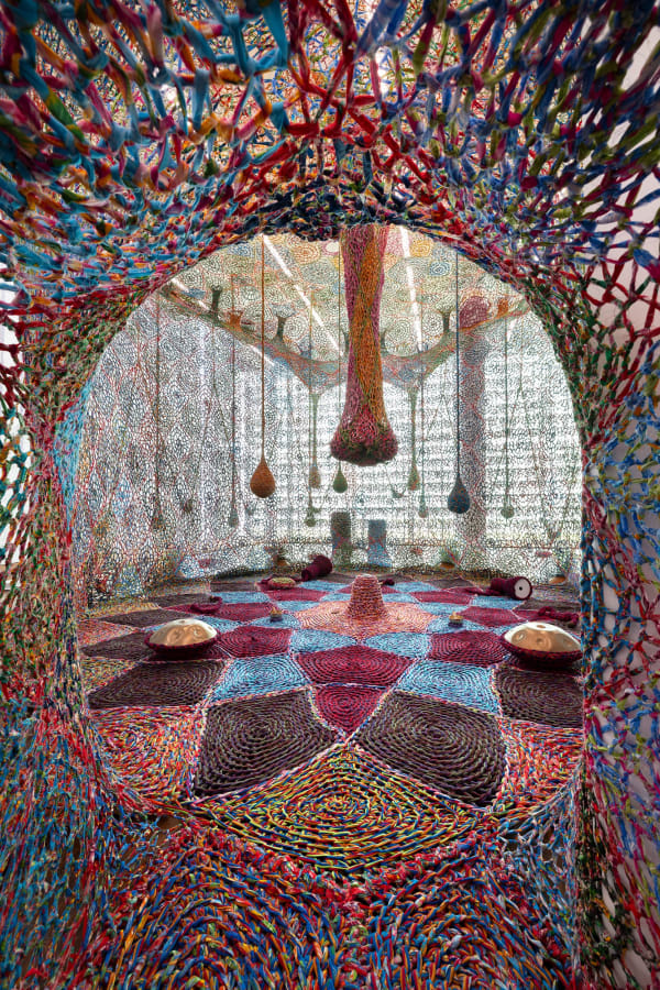 Installation image of Ernesto Neto: The Birth of Contemporous Blue Tree.