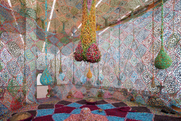 Installation image of Ernesto Neto: The Birth of Contemporous Blue Tree.