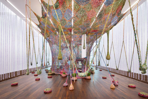 Installation image of Ernesto Neto: The Birth of Contemporous Blue Tree.